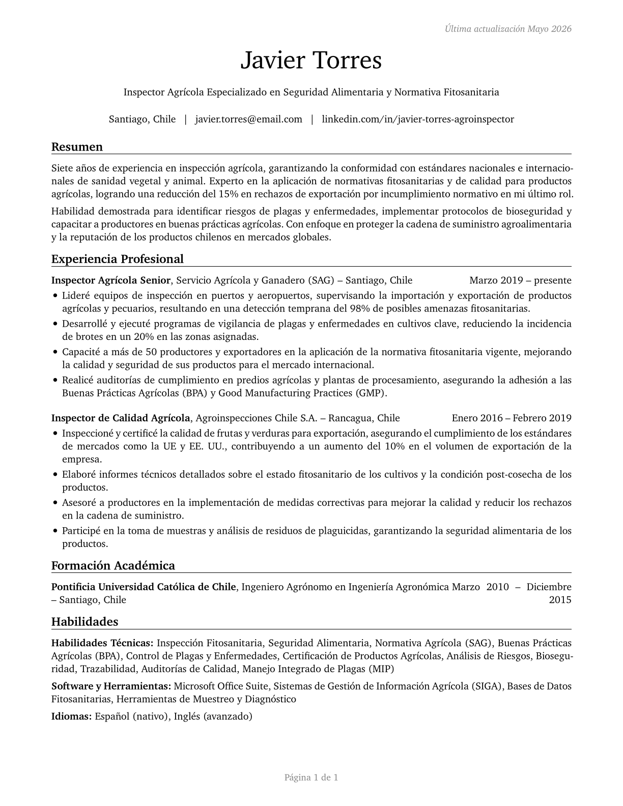 Agricultural Inspectors CV in Spanish — page 1