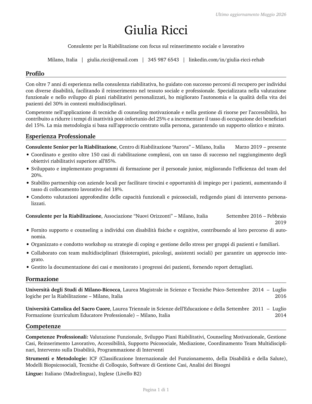 Rehabilitation Counselors CV in Italian — page 1
