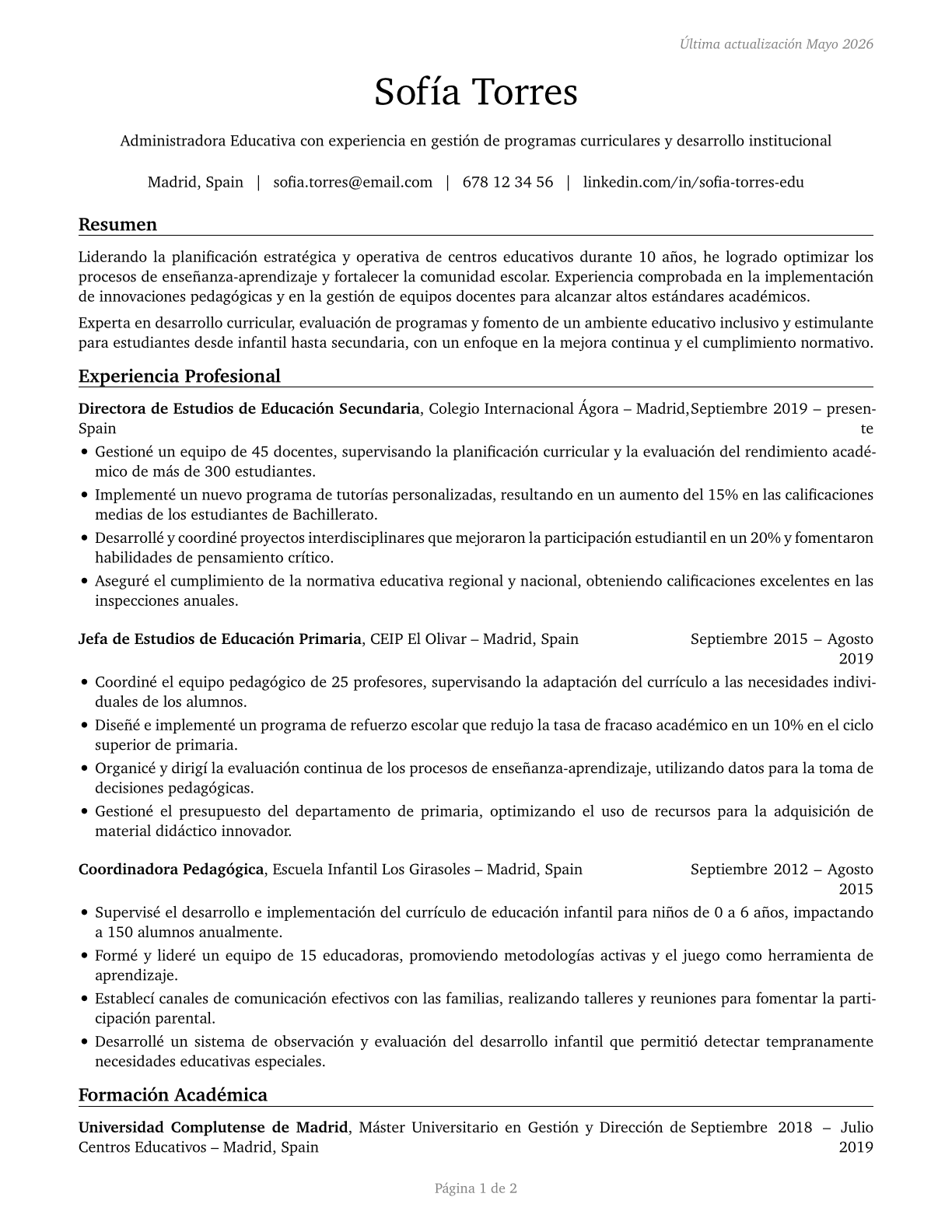 Education Administrators, Kindergarten through Secondary CV in Spanish — page 1
