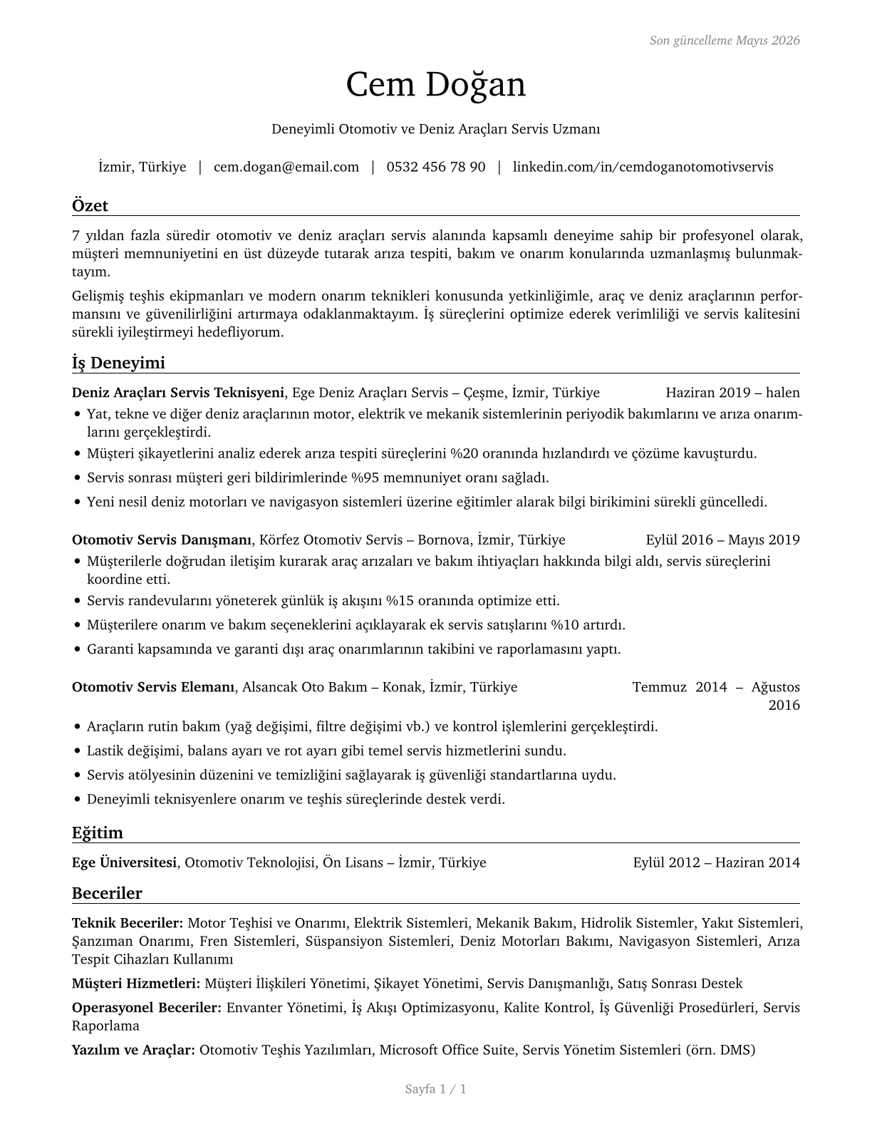 Automotive and Watercraft Service Attendants CV in Turkish — page 1