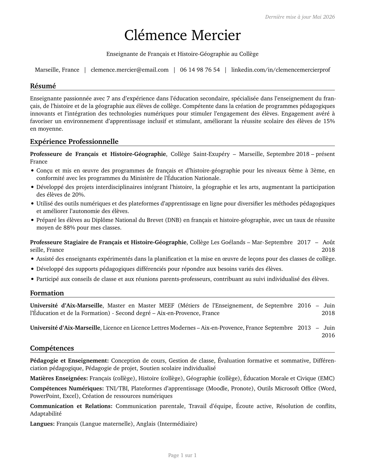 Middle School Teachers, Except Special and Career/Technical Education CV in French — page 1