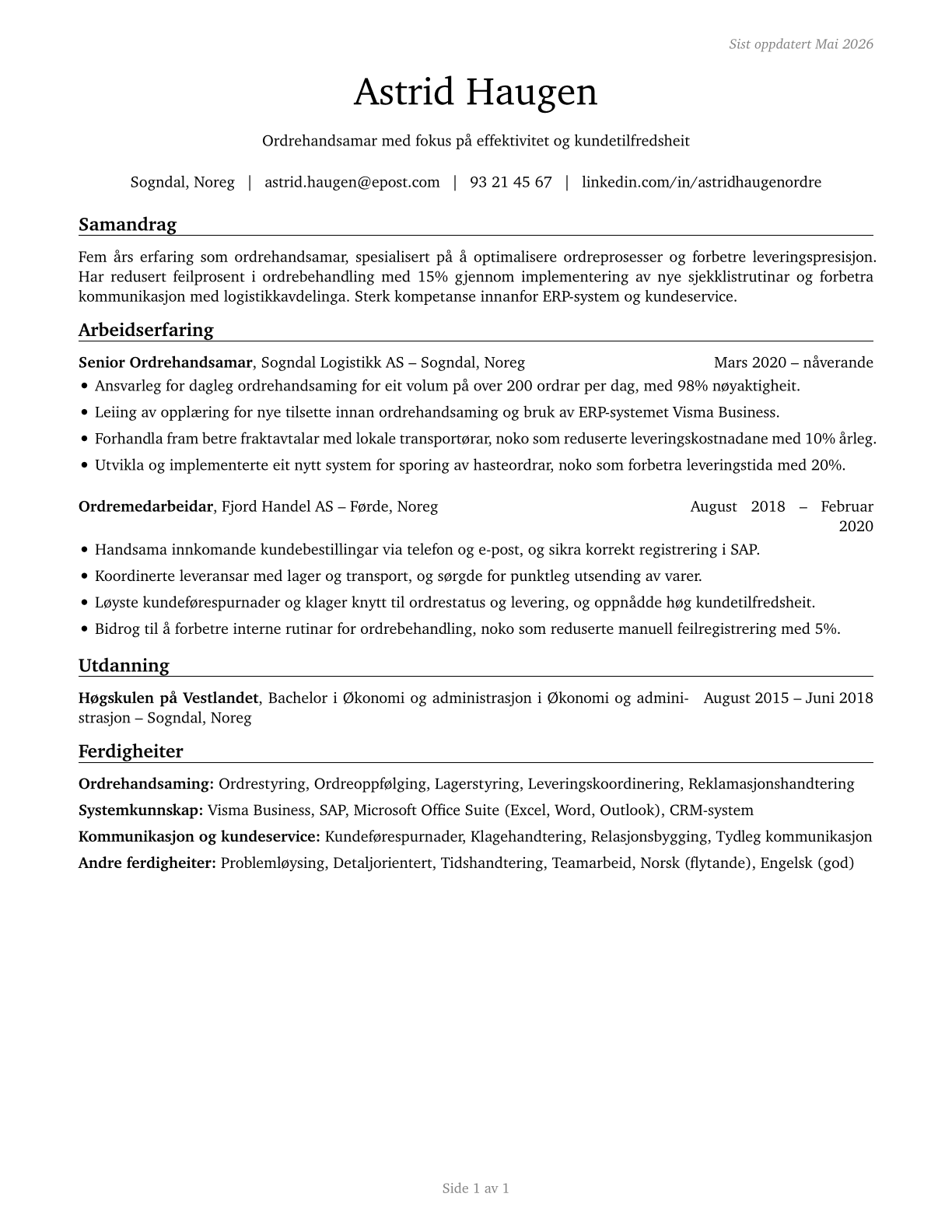 Order Clerks CV in Norwegian_nynorsk — page 1