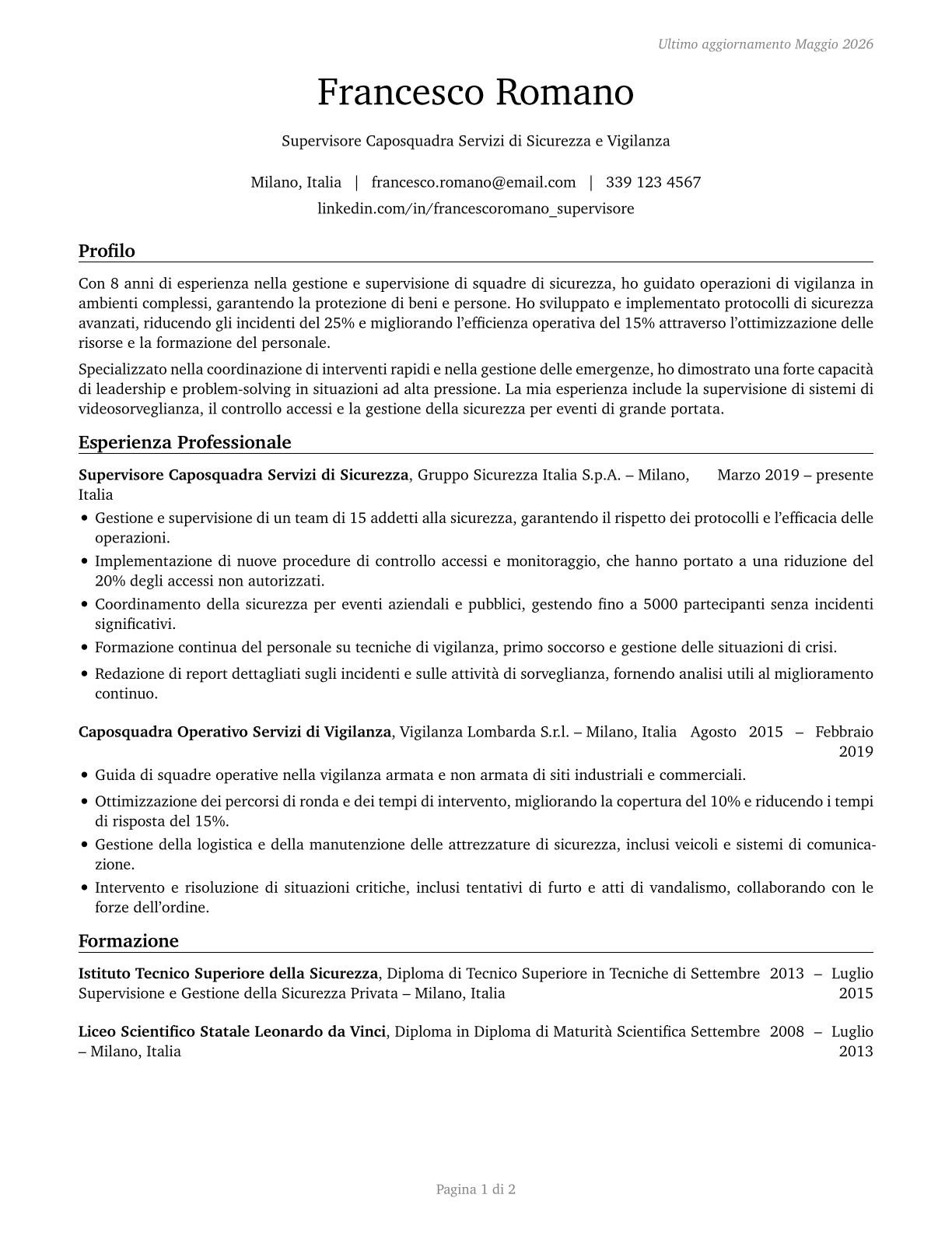 First-Line Supervisors of Protective Service Workers, All Other CV in Italian — page 1