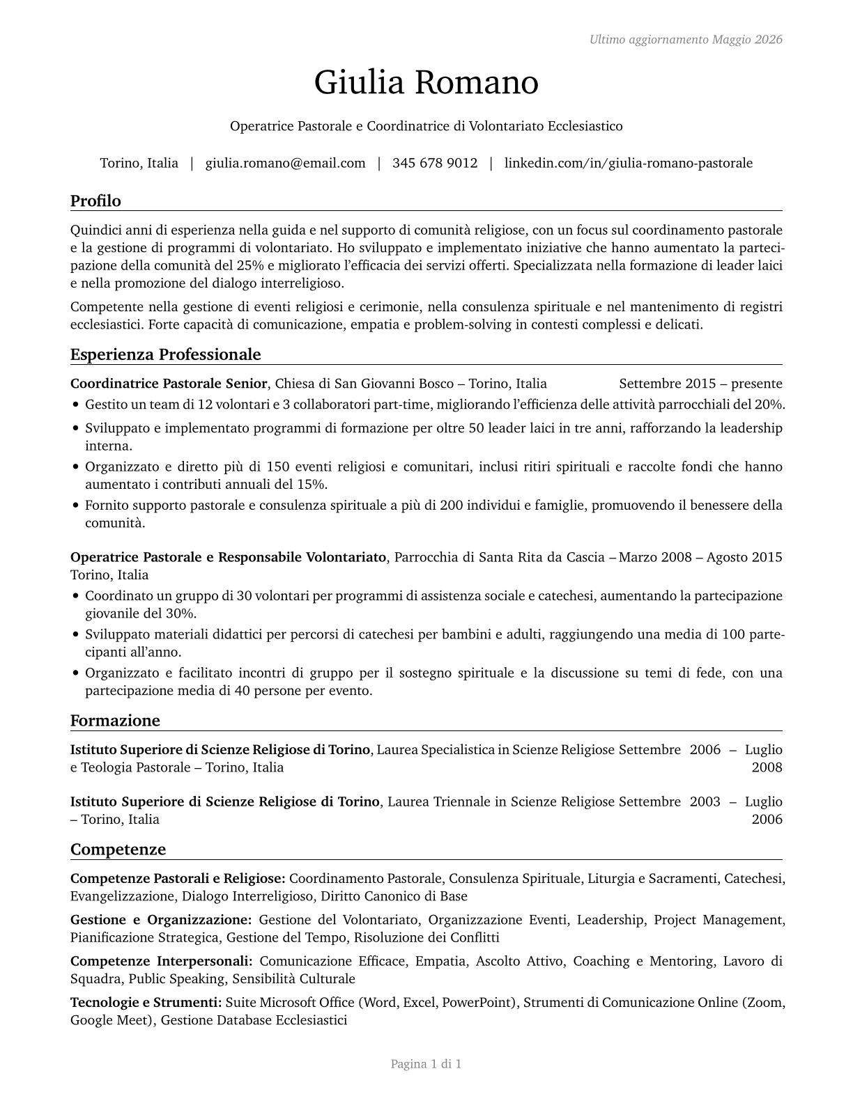 Religious Workers, All Other CV in Italian — page 1