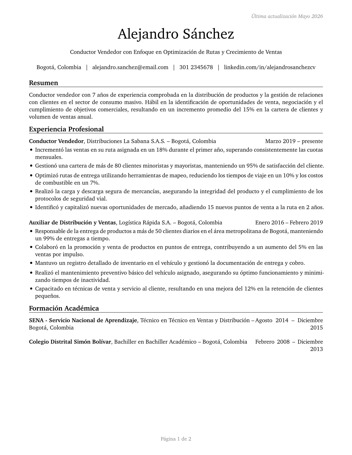 Driver/Sales Workers CV in Spanish — page 1