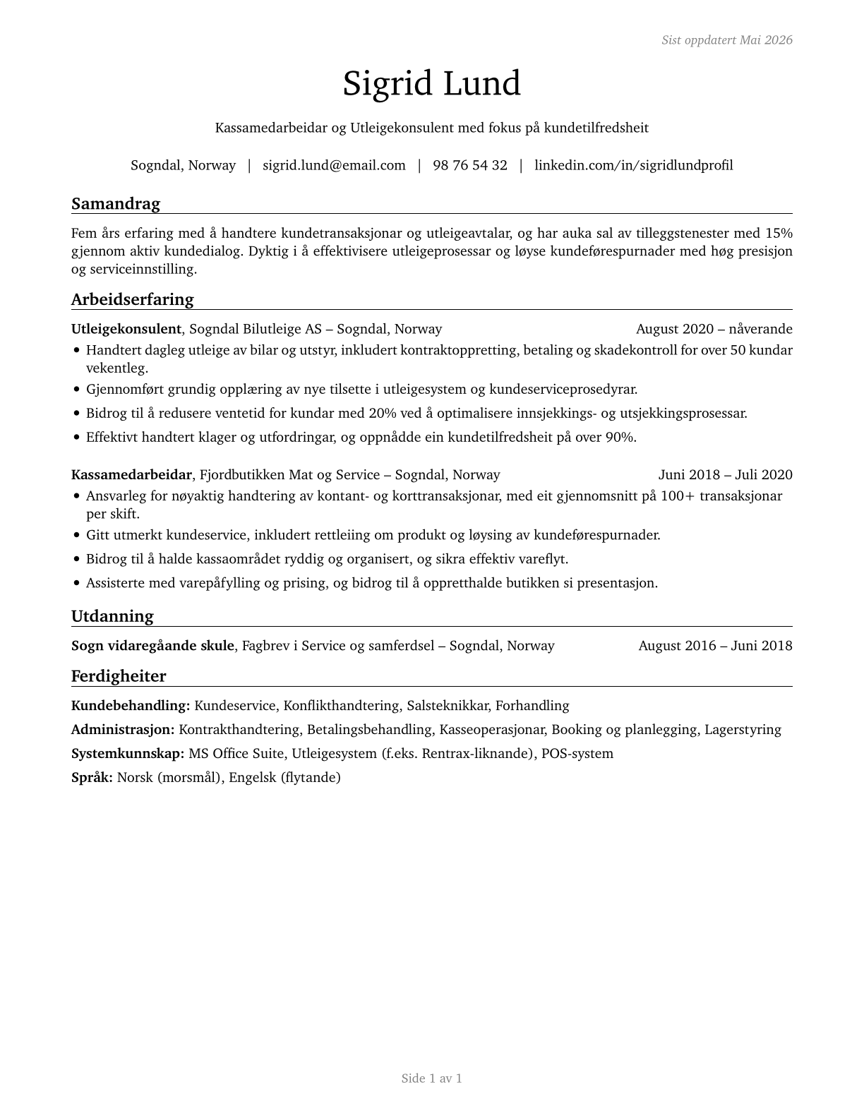 Counter and Rental Clerks CV in Norwegian_nynorsk — page 1