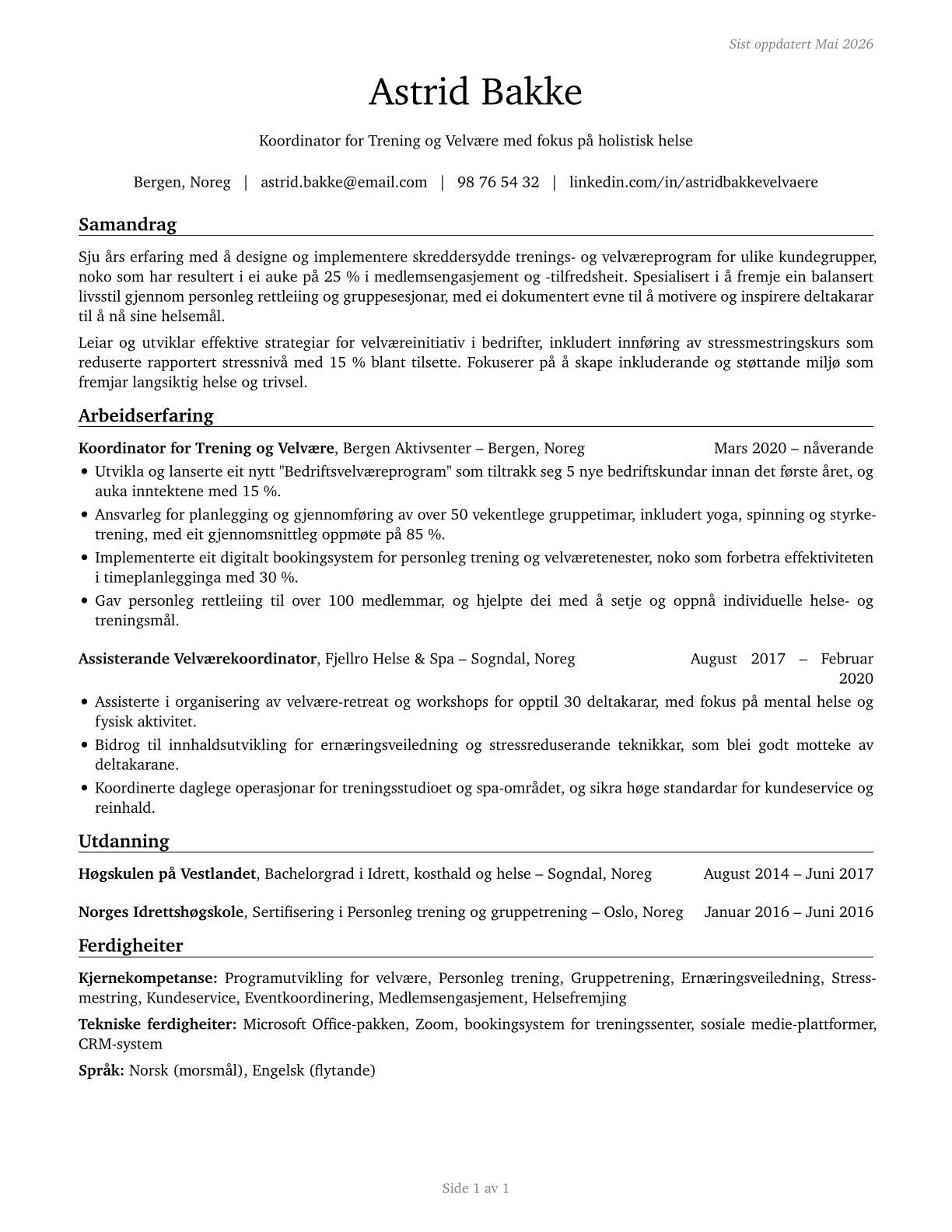 Fitness and Wellness Coordinators CV in Norwegian_nynorsk — page 1