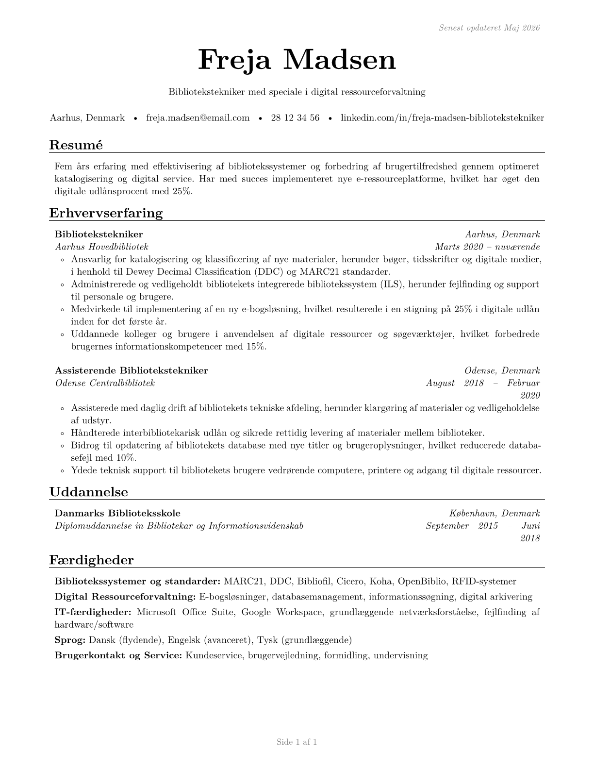 Library Technicians CV in Danish — page 1