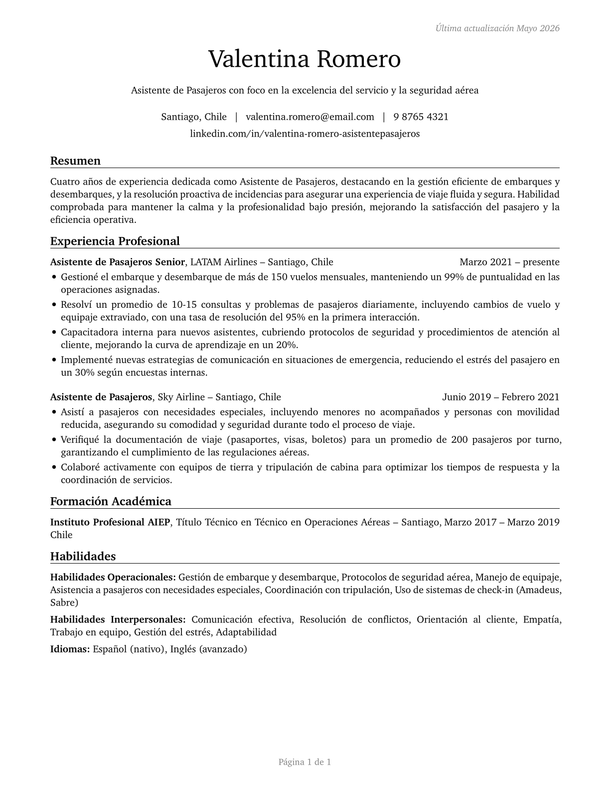 Passenger Attendants CV in Spanish — page 1