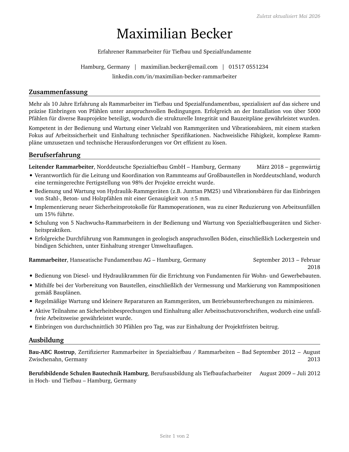 Pile Driver Operators CV in German — page 1