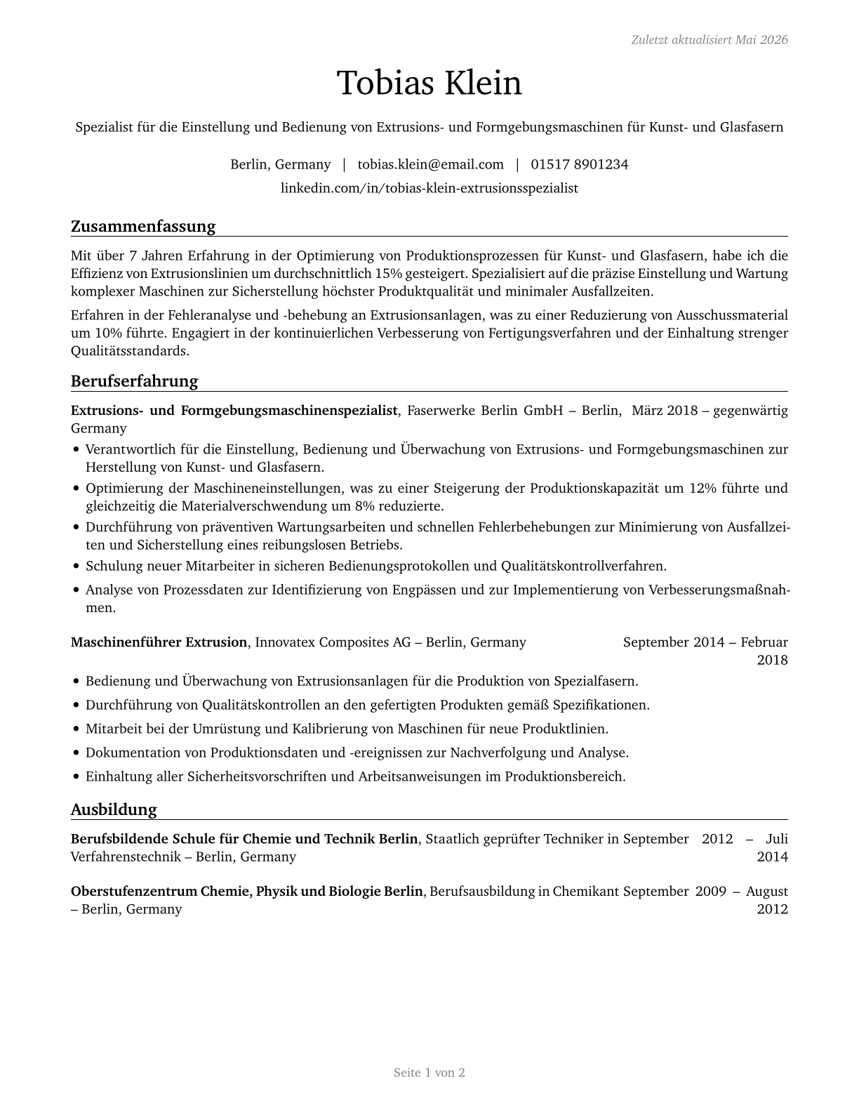 Extruding and Forming Machine Setters, Operators, and Tenders, Synthetic and Glass Fibers CV in German — page 1