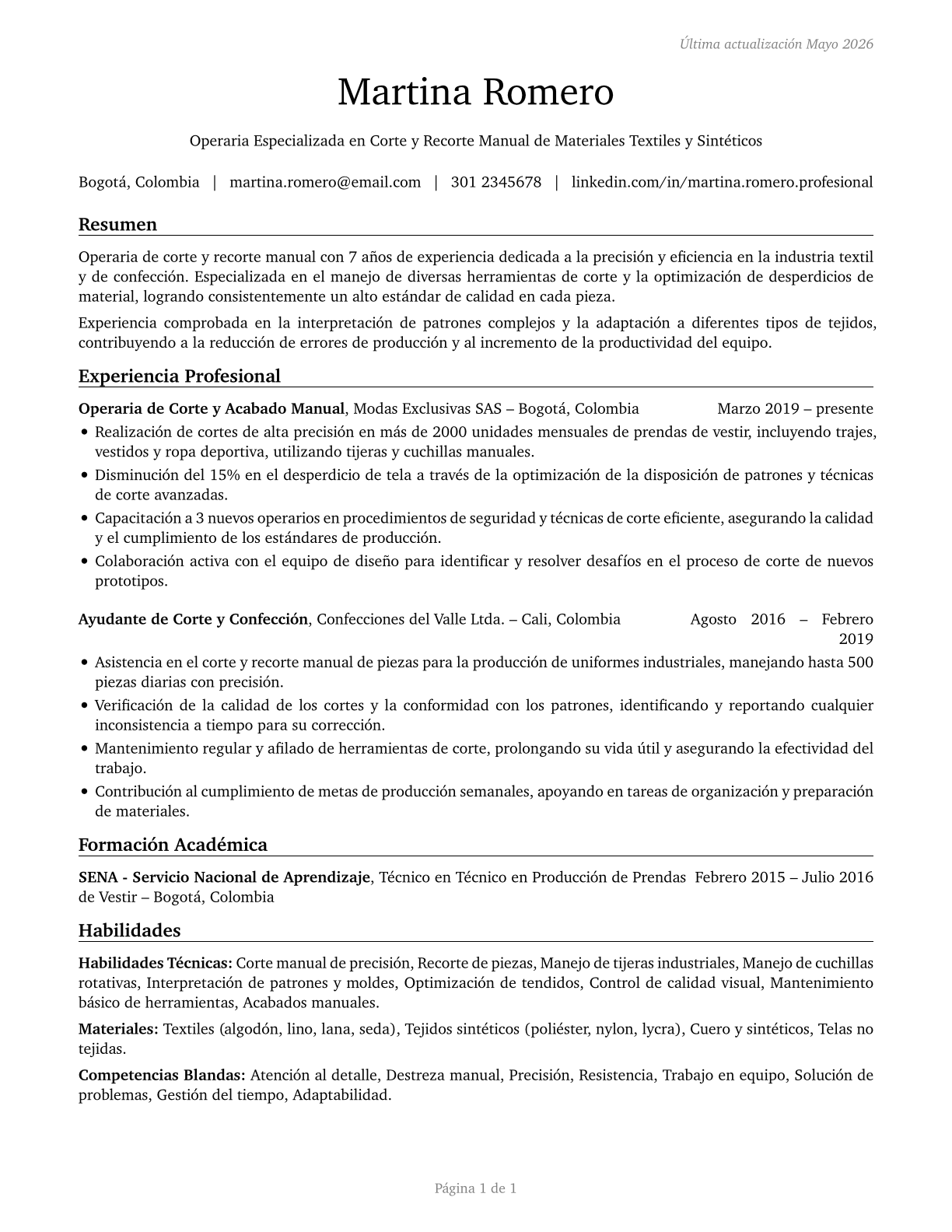 Cutters and Trimmers, Hand CV in Spanish — page 1