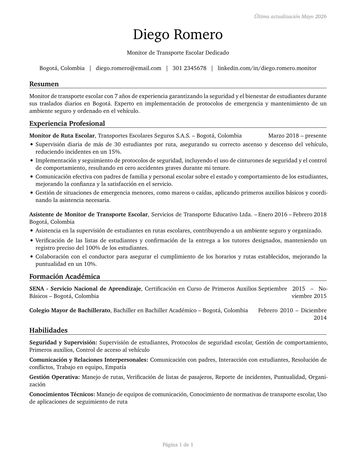 School Bus Monitors CV in Spanish — page 1