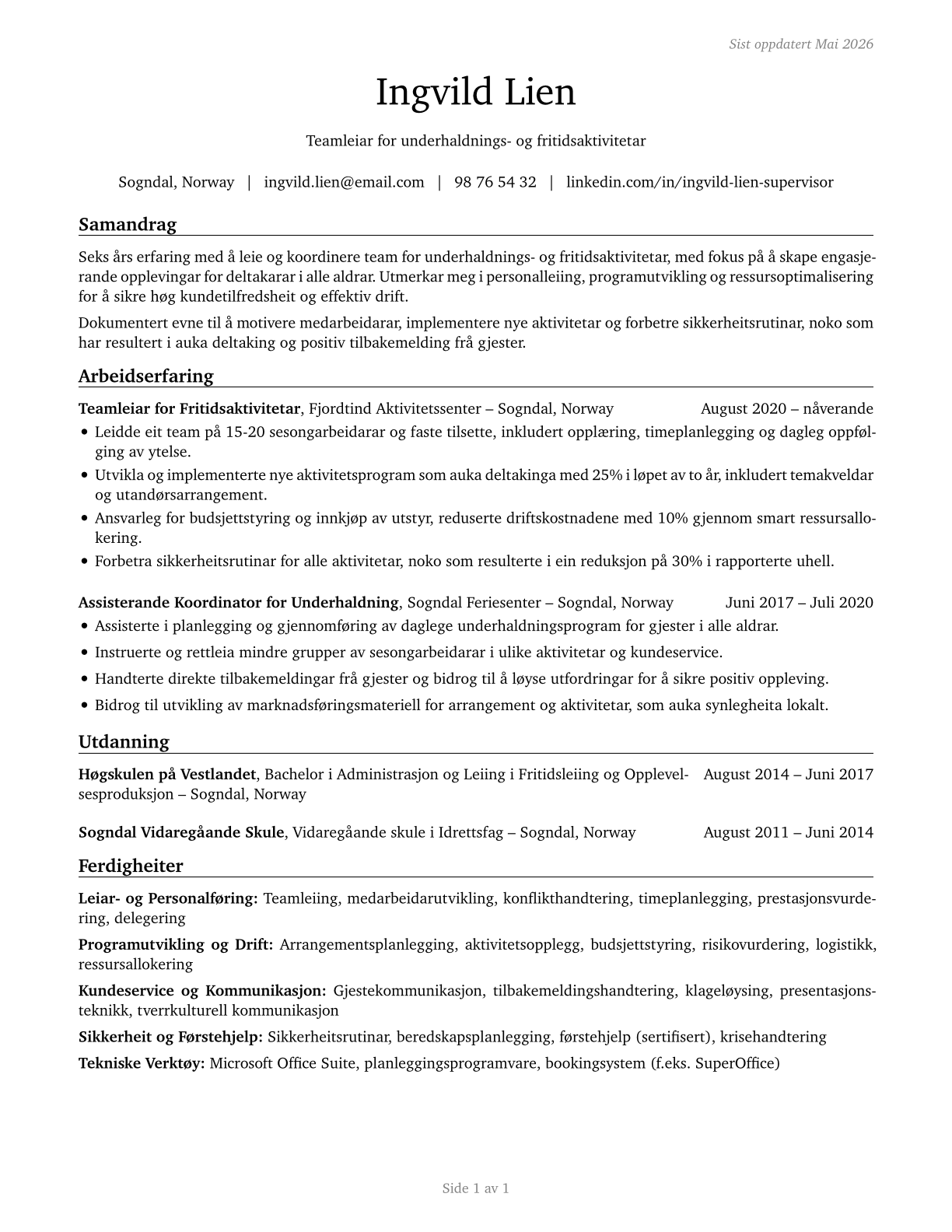 First-Line Supervisors of Entertainment and Recreation Workers, Except Gambling Services CV in Norwegian_nynorsk — page 1