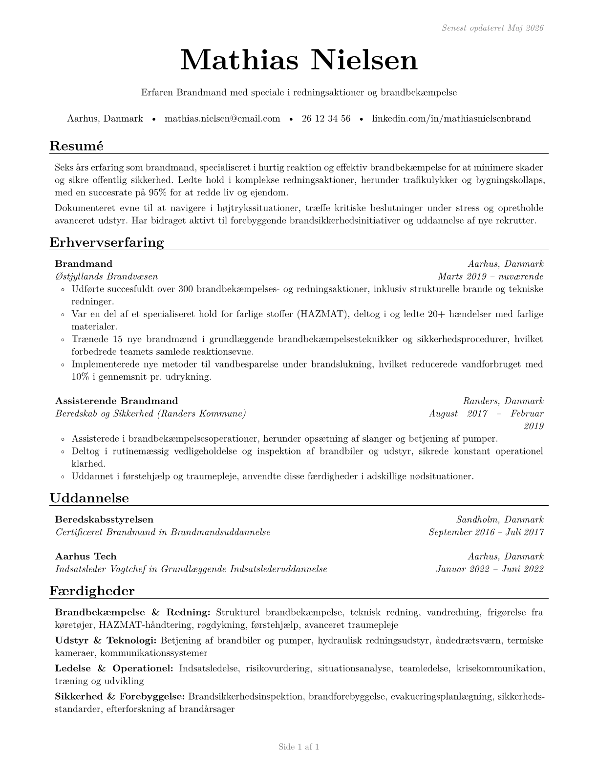 Firefighters CV in Danish — page 1