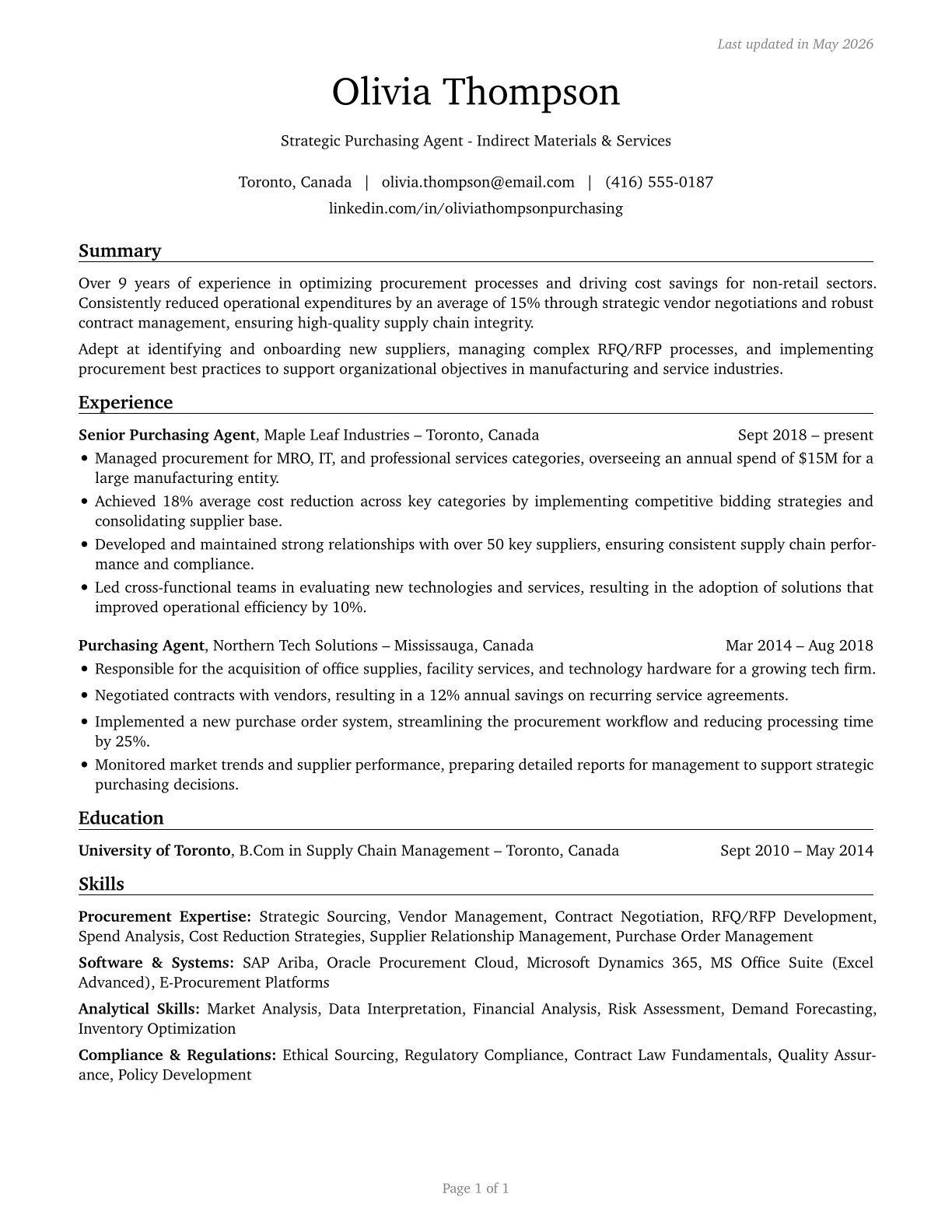 Purchasing Agents, Except Wholesale, Retail, and Farm Products CV in English — page 1