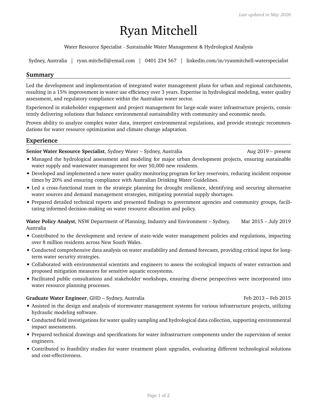 Water Resource Specialists CV in English — page 1