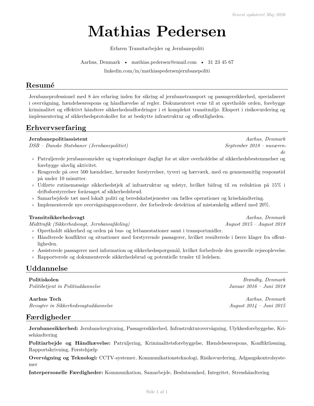 Transit and Railroad Police CV in Danish — page 1