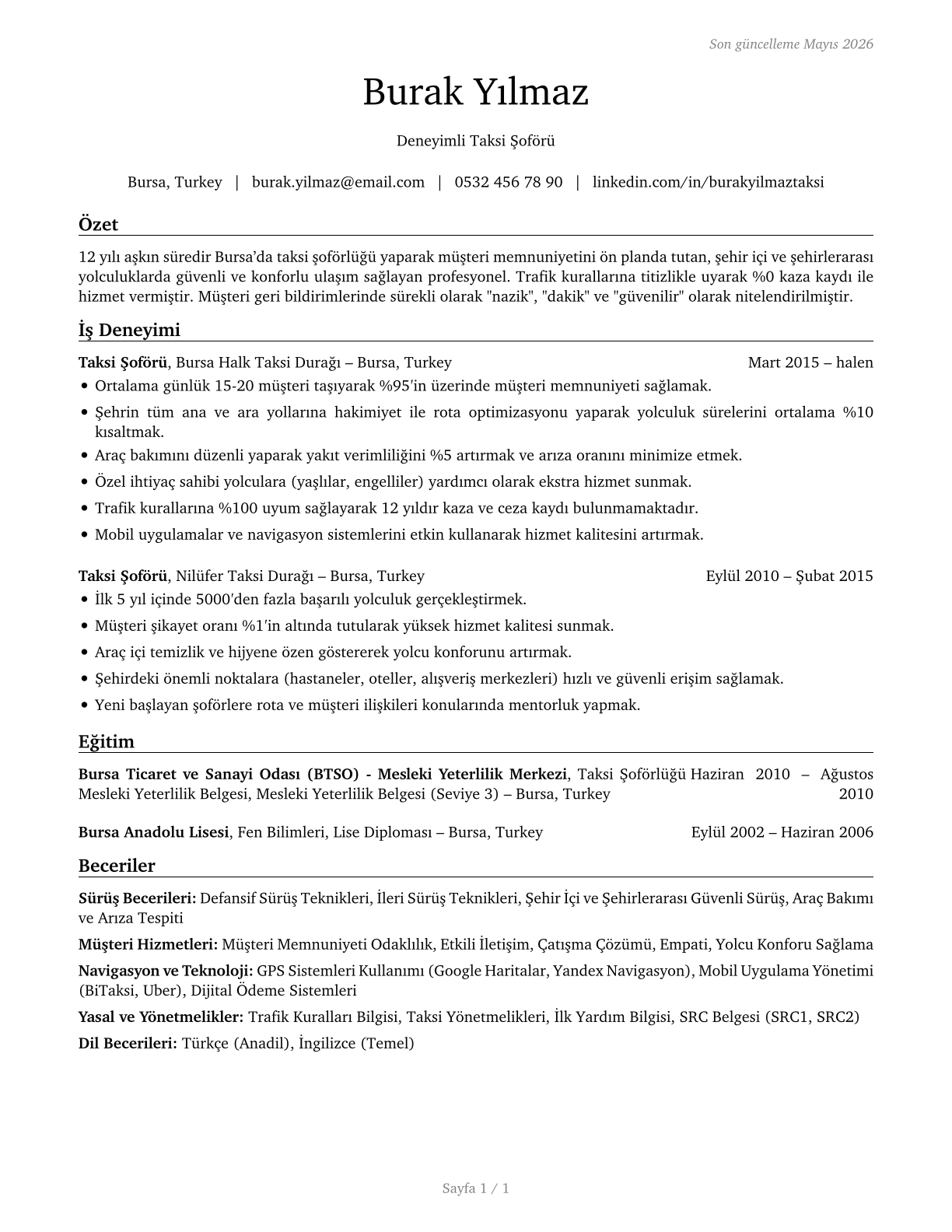 Taxi Drivers CV in Turkish — page 1