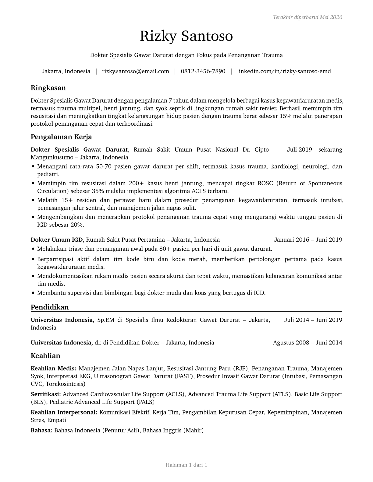 Emergency Medicine Physicians CV in Indonesian — page 1
