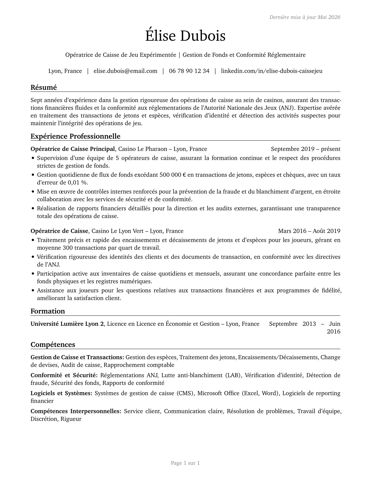 Gambling Cage Workers CV in French — page 1