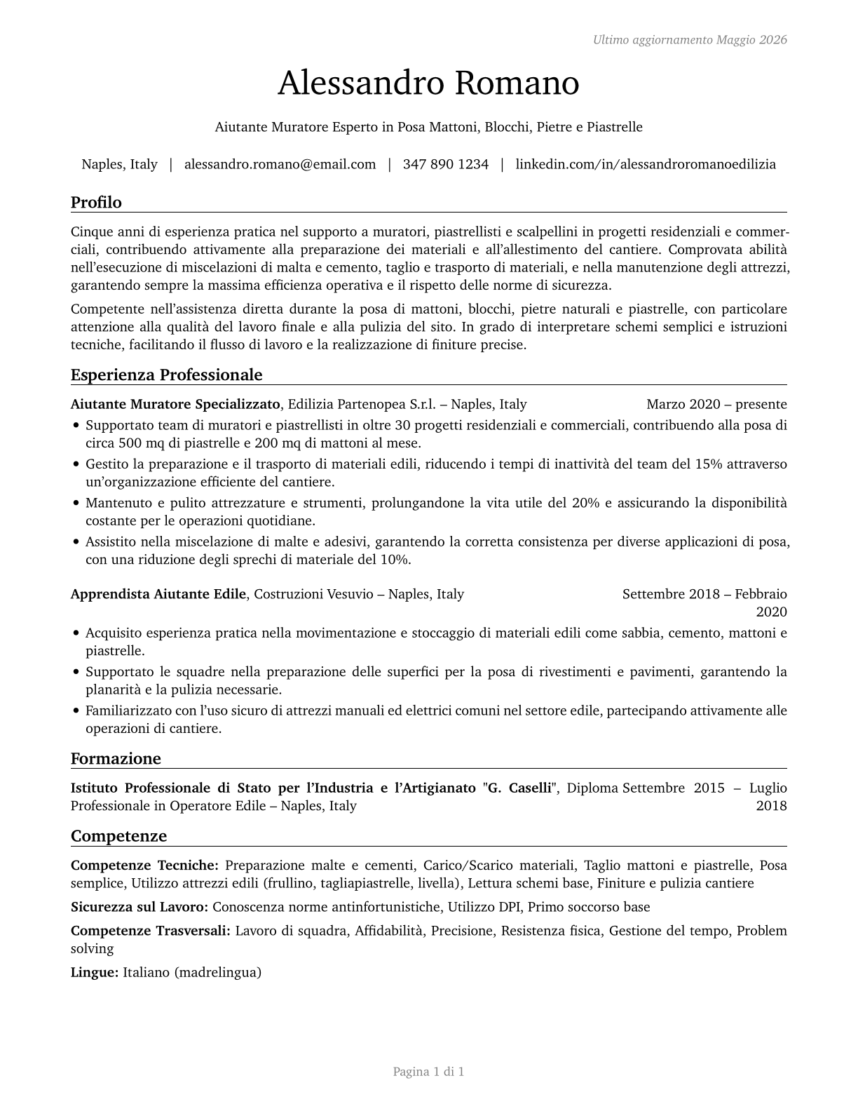 Helpers--Brickmasons, Blockmasons, Stonemasons, and Tile and Marble Setters CV in Italian — page 1