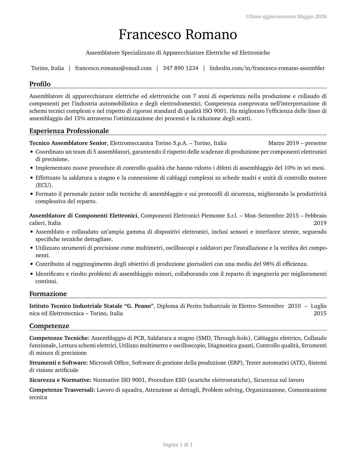 Electrical and Electronic Equipment Assemblers CV in Italian — page 1