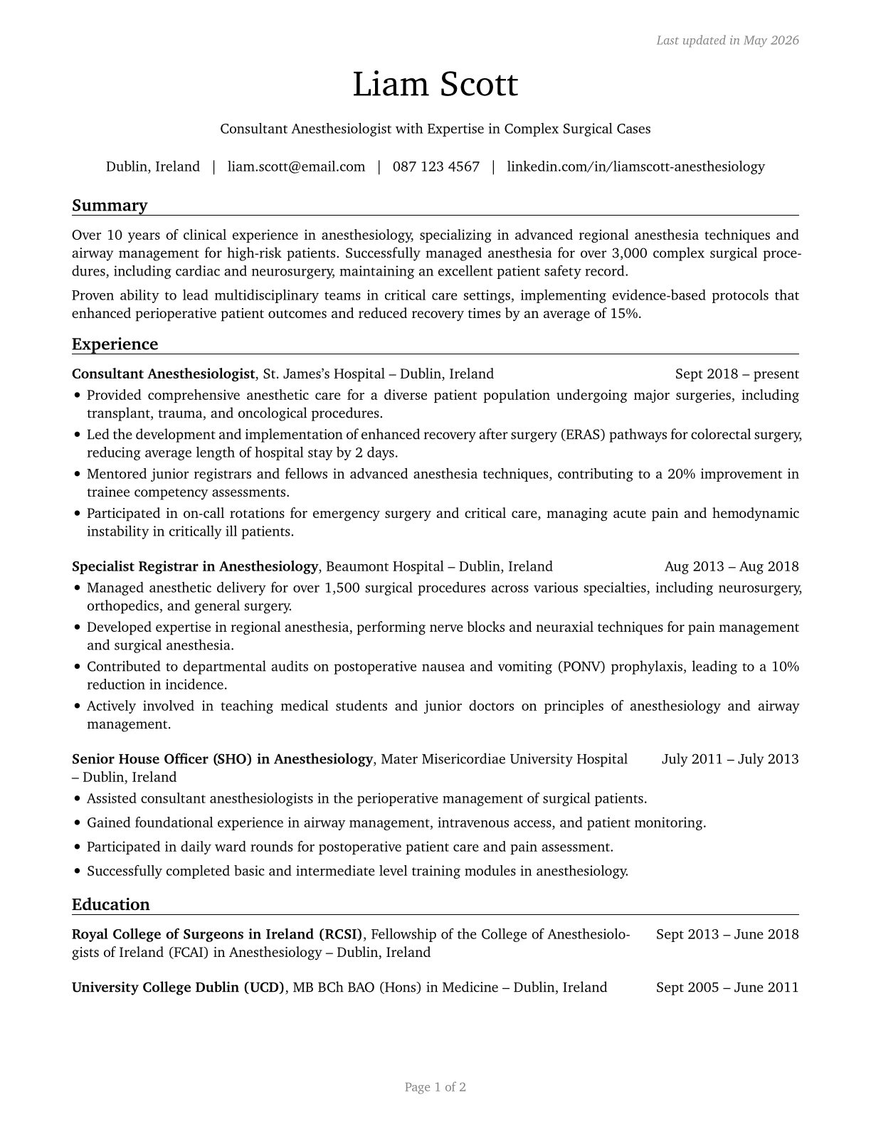 Anesthesiologists CV in English — page 1
