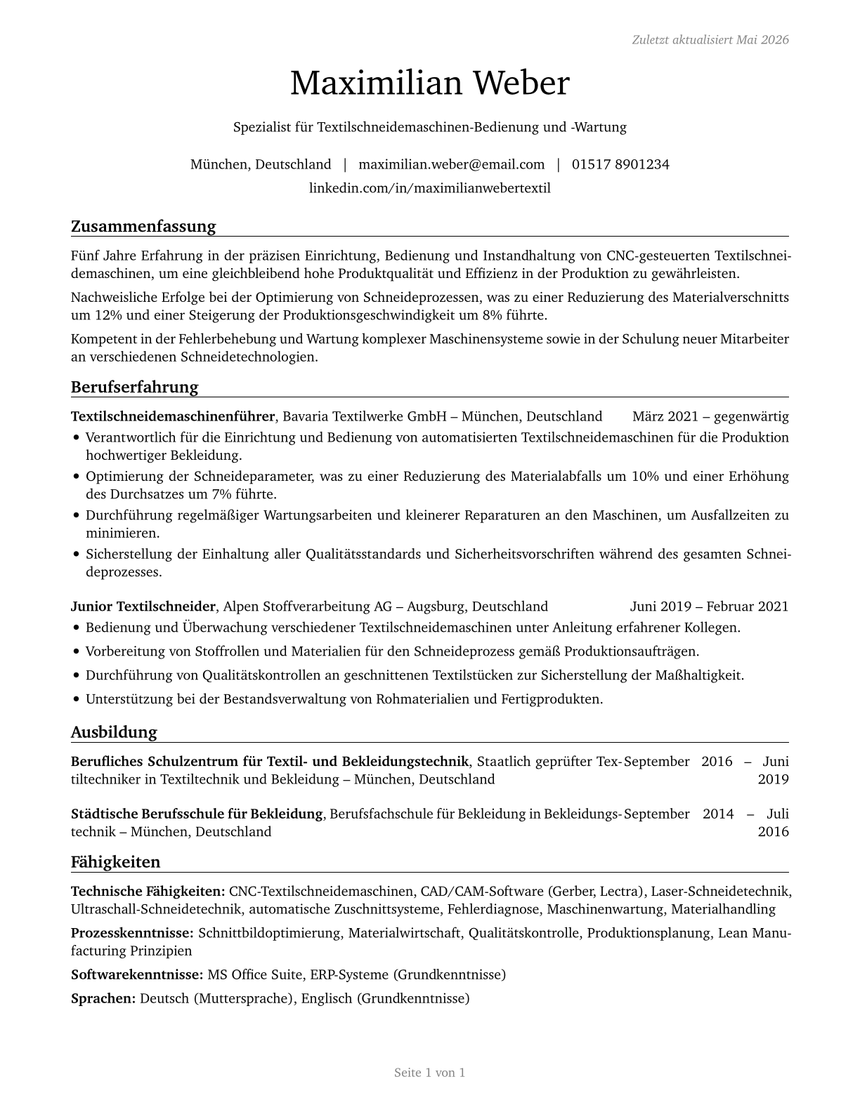 Textile Cutting Machine Setters, Operators, and Tenders CV in German — page 1