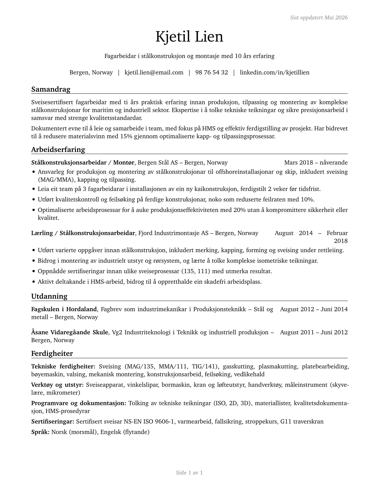 Structural Metal Fabricators and Fitters CV in Norwegian_nynorsk — page 1