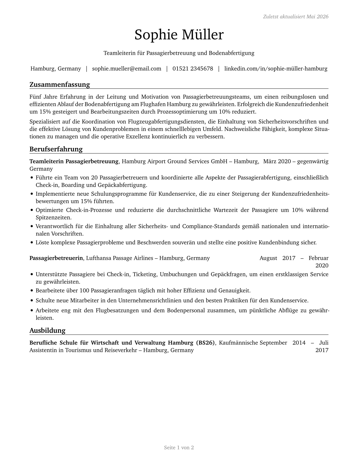 First-Line Supervisors of Passenger Attendants CV in German — page 1