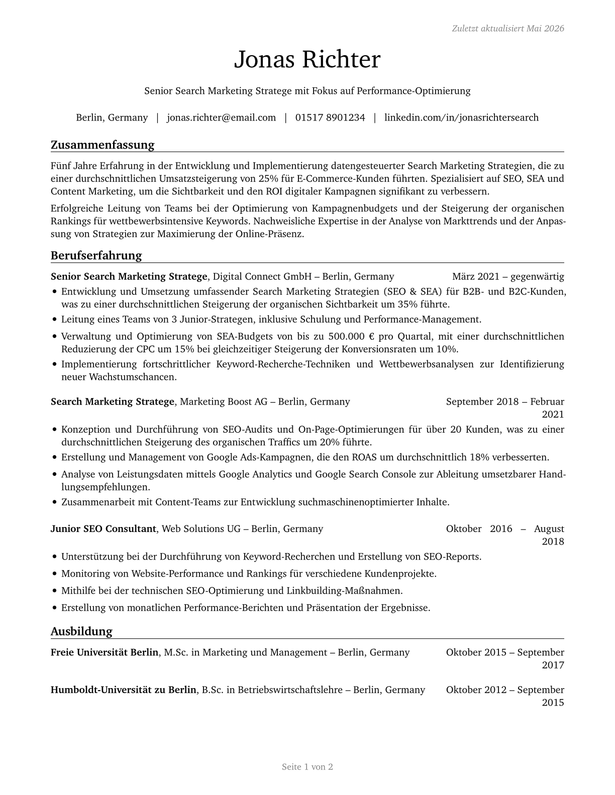 Search Marketing Strategists CV in German — page 1