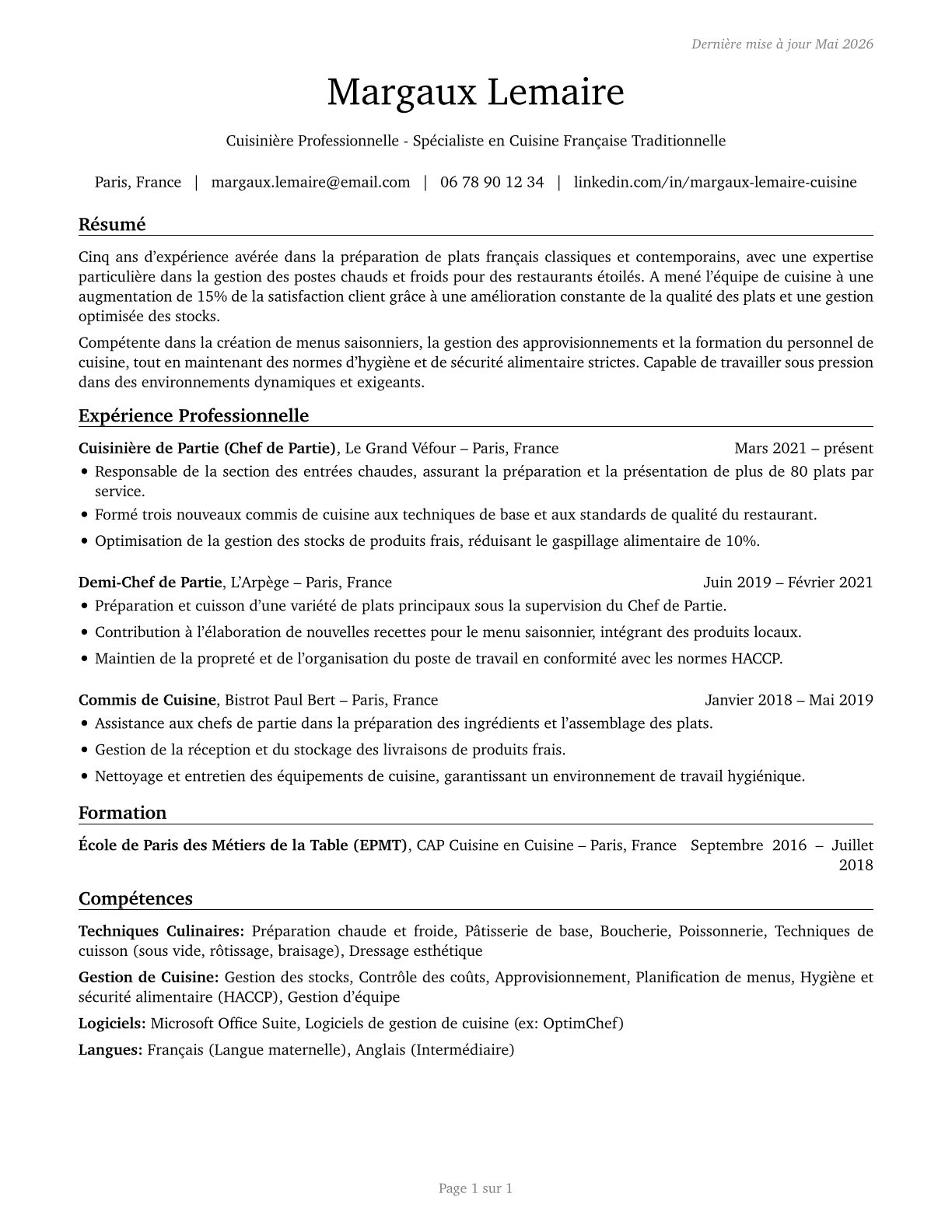 Cooks, All Other CV in French — page 1
