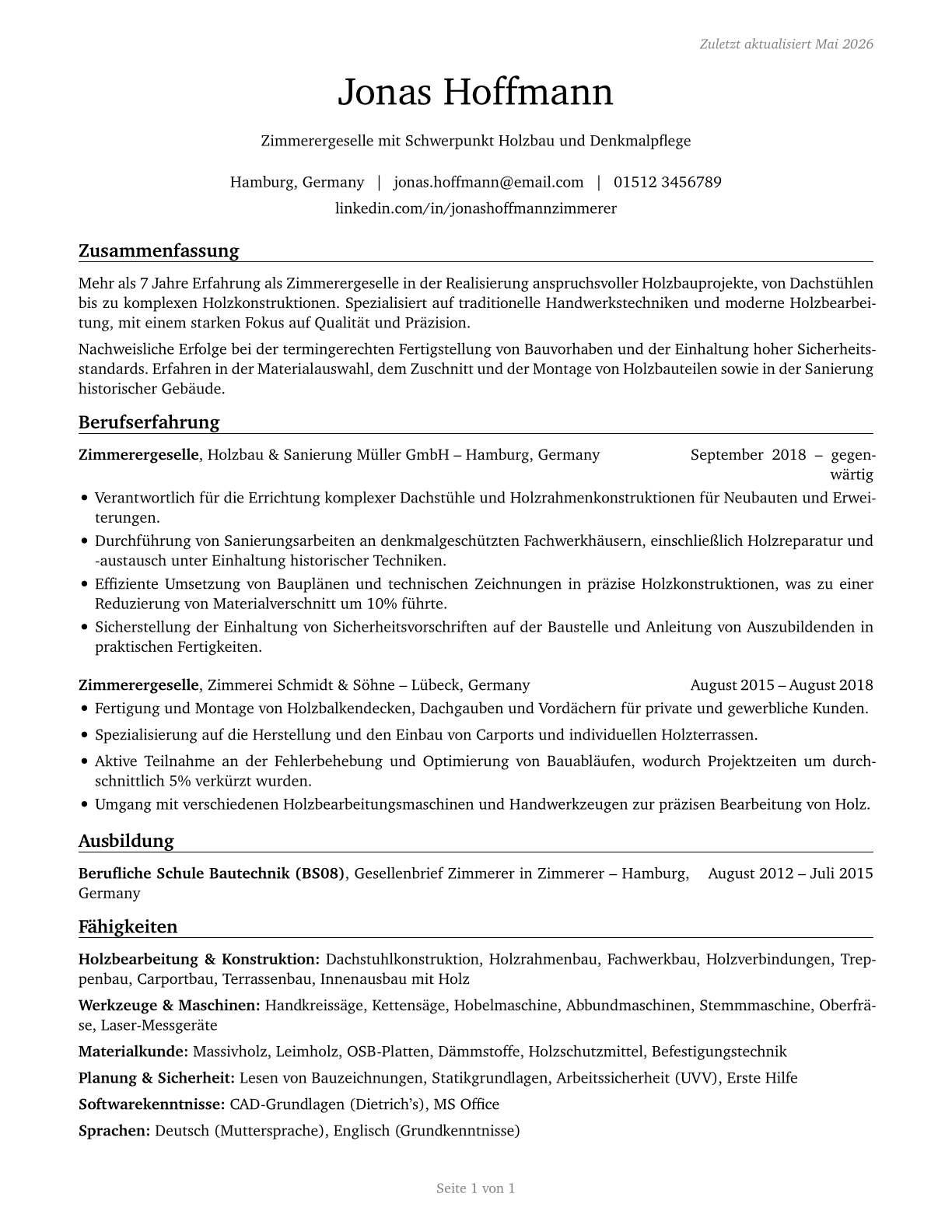 Carpenters CV in German — page 1