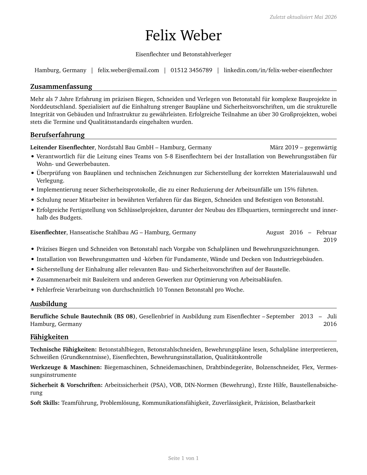 Reinforcing Iron and Rebar Workers CV in German — page 1