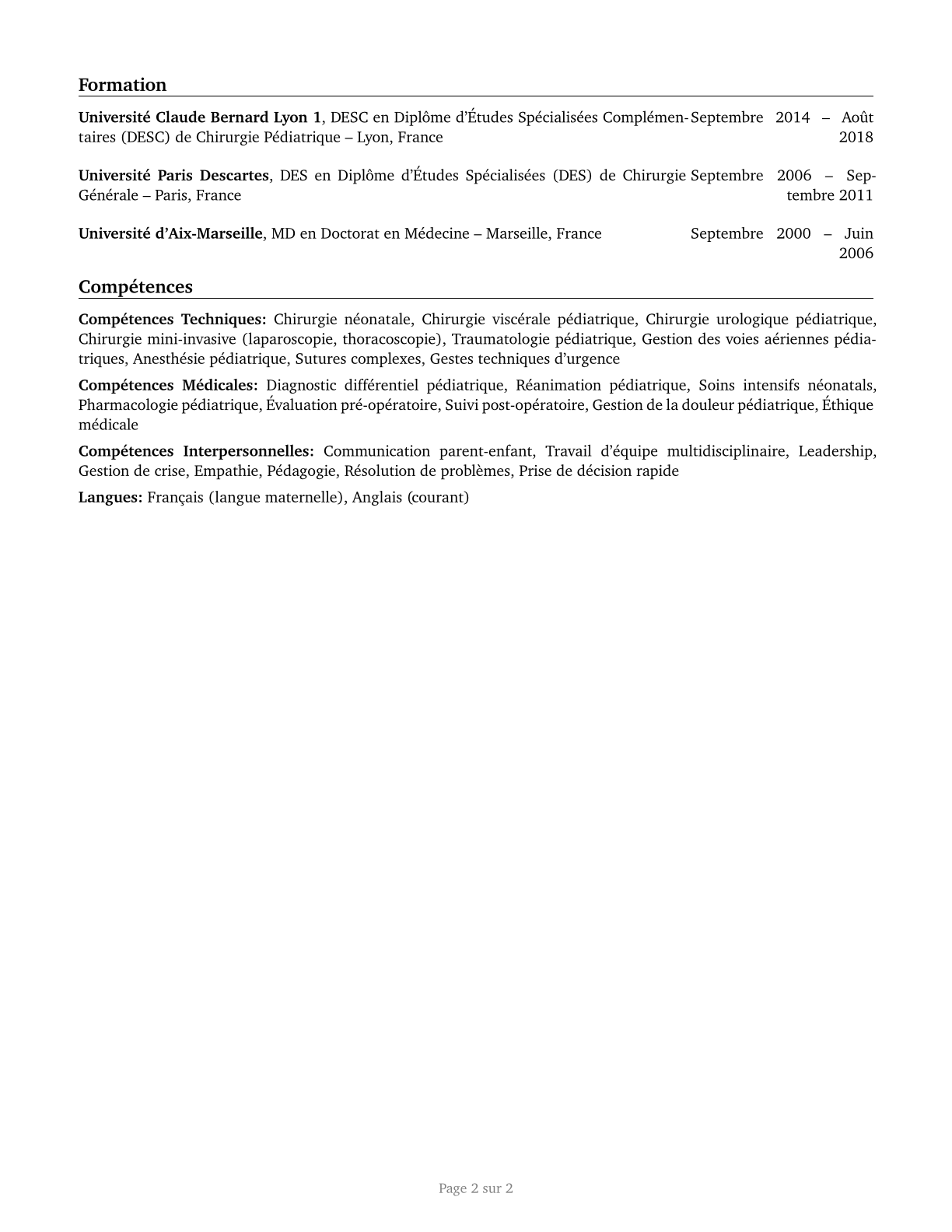 Pediatric Surgeons CV in French — page 2