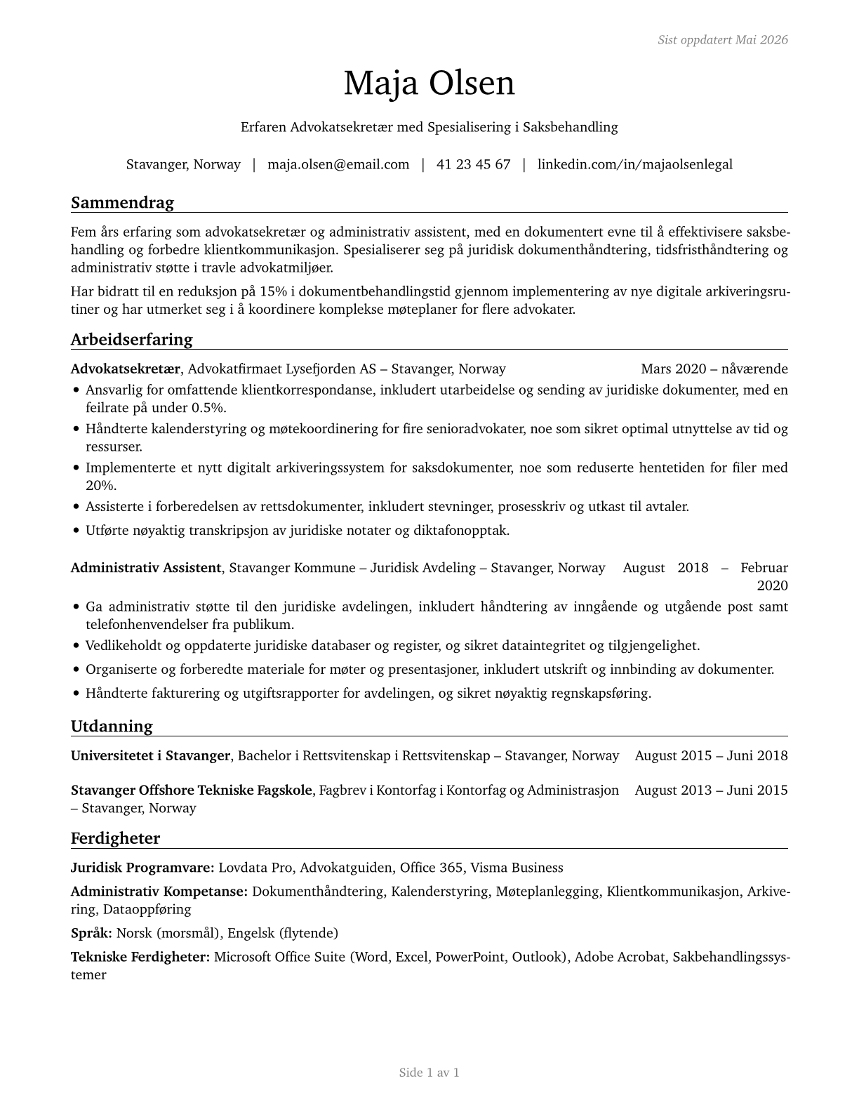 Legal Secretaries and Administrative Assistants CV in Norwegian_bokmal — page 1