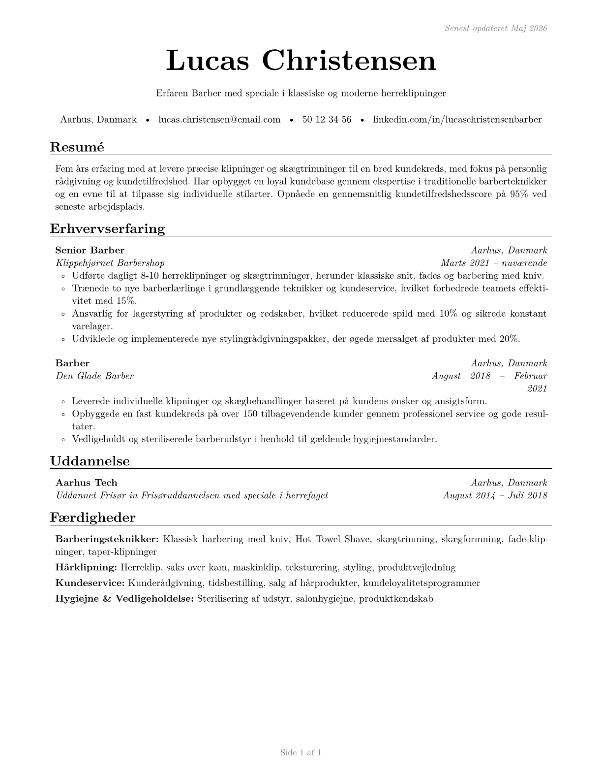 Barbers CV in Danish — page 1