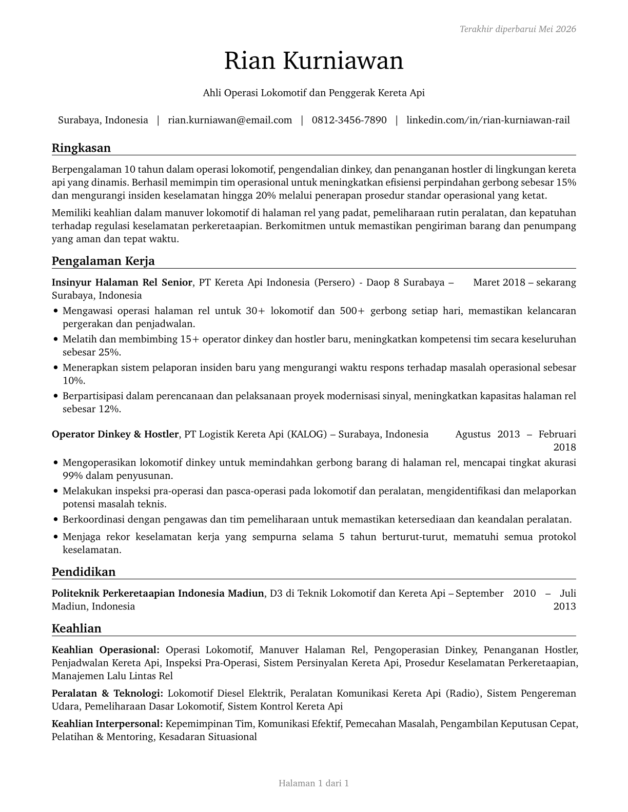 Rail Yard Engineers, Dinkey Operators, and Hostlers CV in Indonesian — page 1