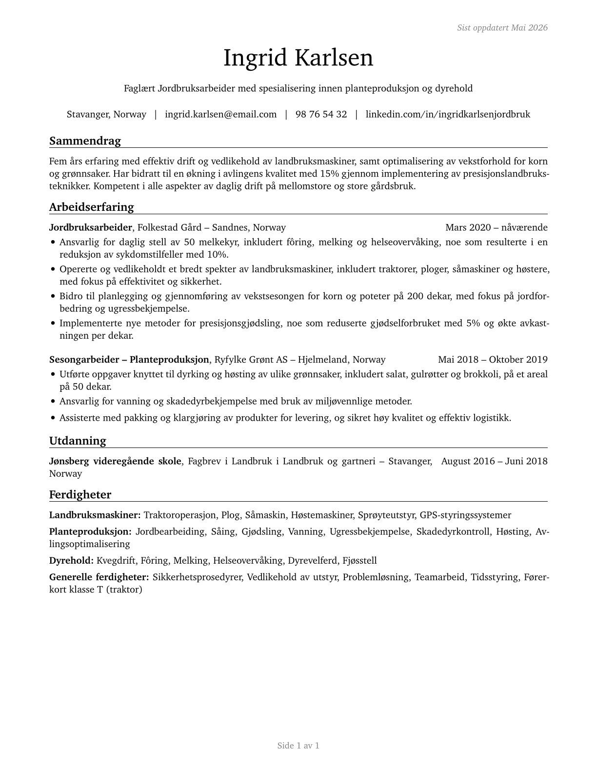 Agricultural Workers, All Other CV in Norwegian_bokmal — page 1