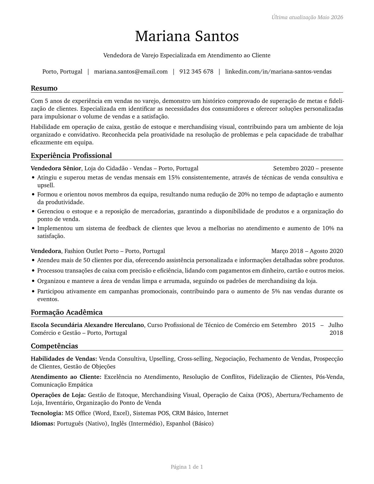 Retail Salespersons CV in Portuguese — page 1
