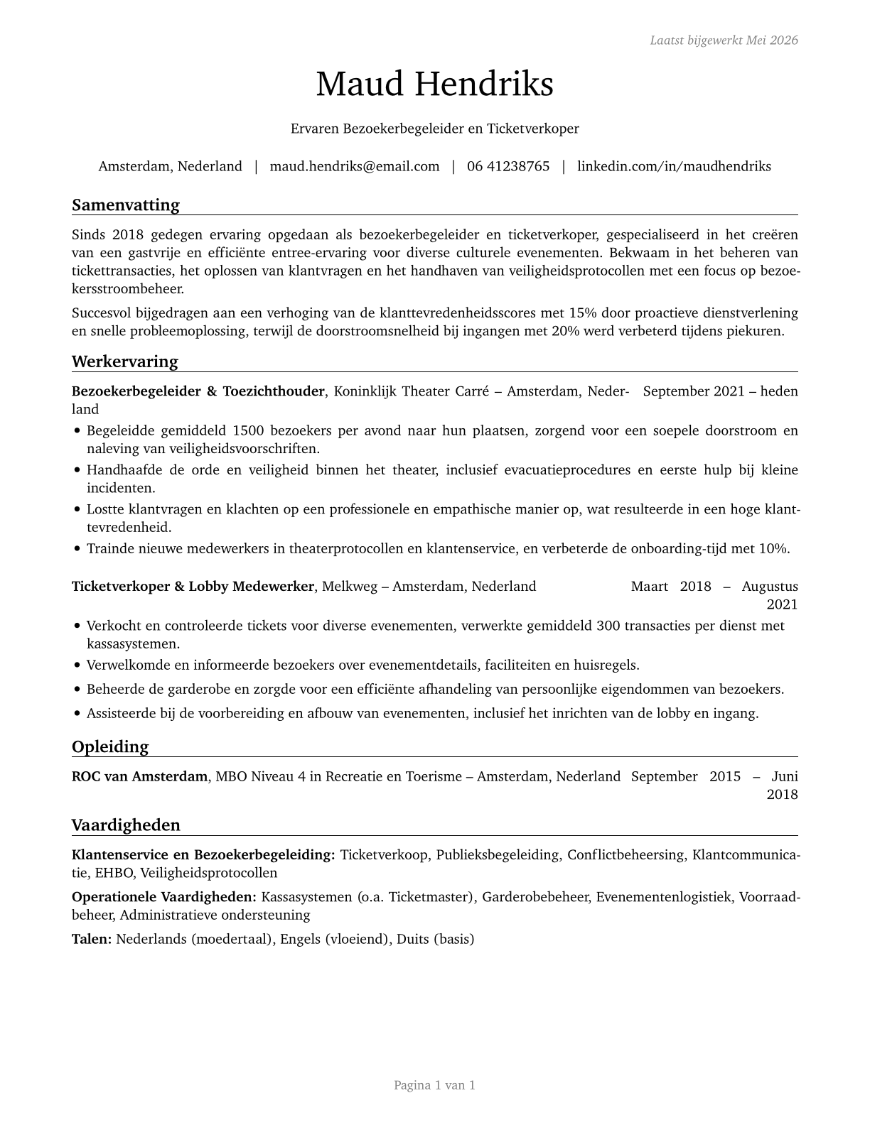 Ushers, Lobby Attendants, and Ticket Takers CV in Dutch — page 1