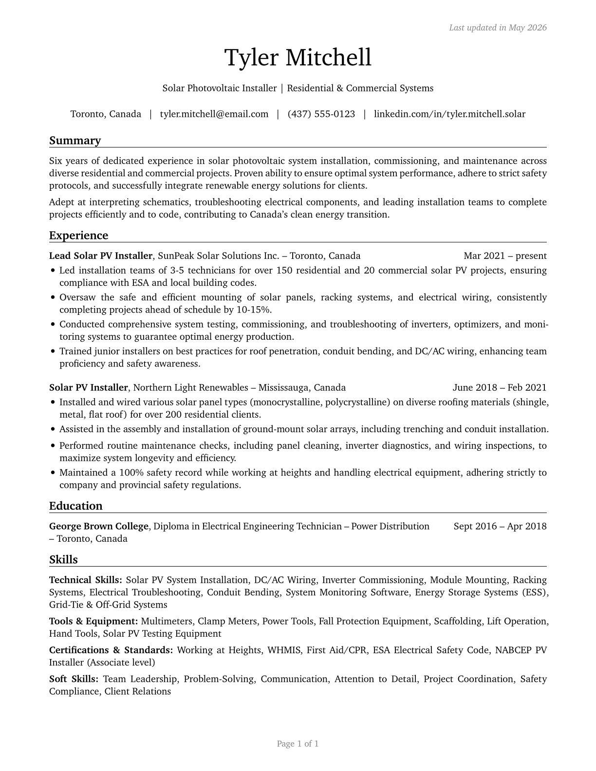 Solar Photovoltaic Installers CV in English — page 1