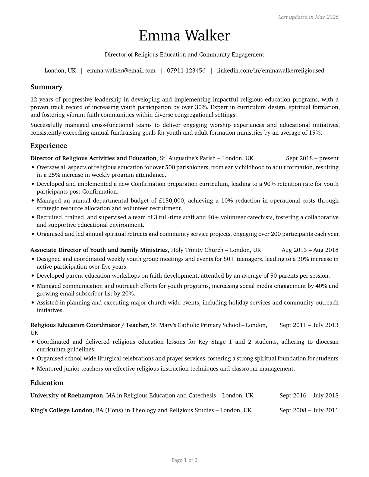 Directors, Religious Activities and Education CV in English — page 1