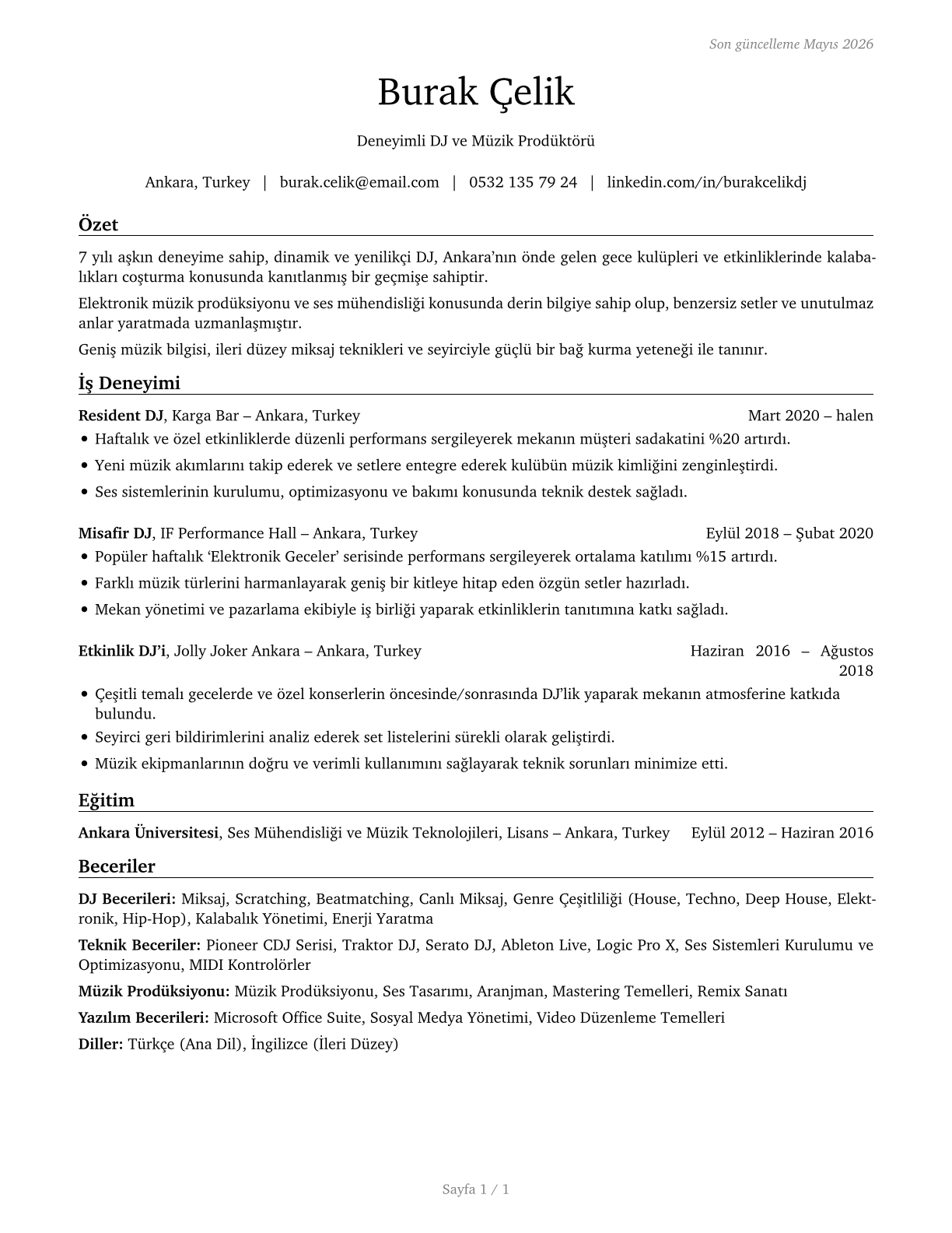 Disc Jockeys, Except Radio CV in Turkish — page 1