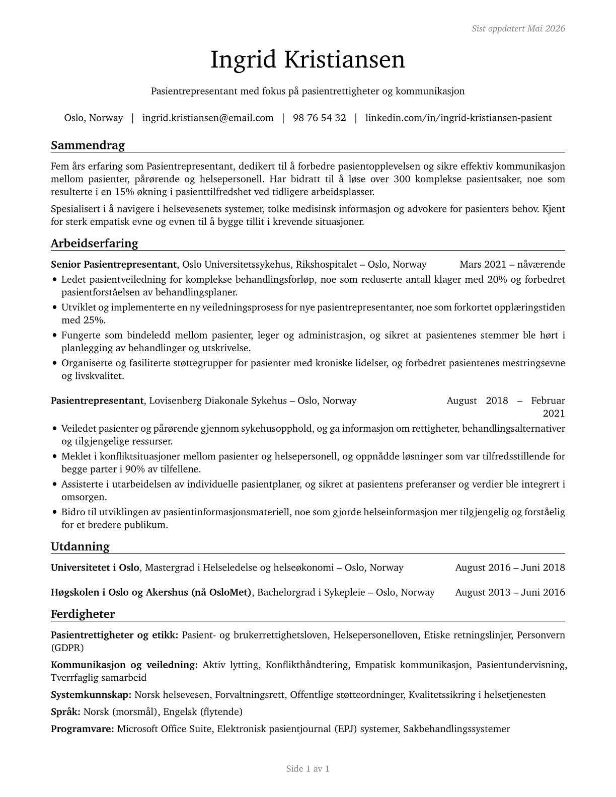 Patient Representatives CV in Norwegian_bokmal — page 1
