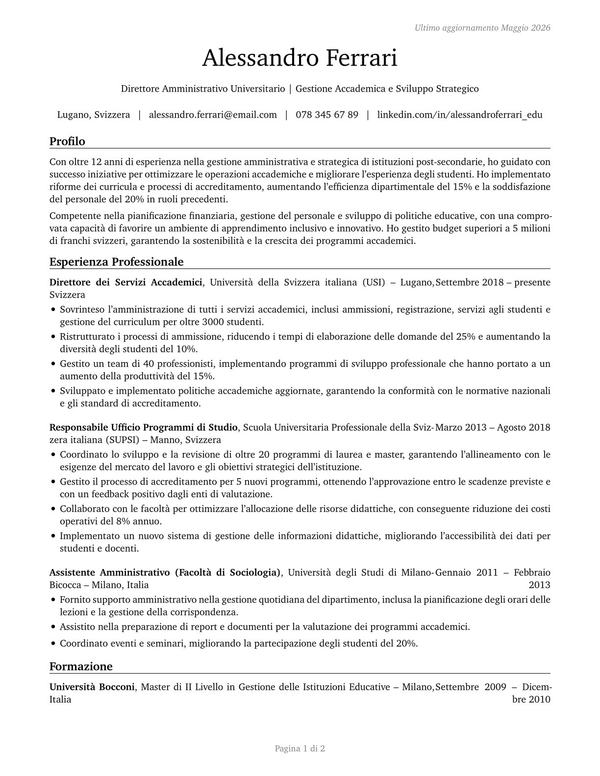 Education Administrators, Postsecondary CV in Italian — page 1