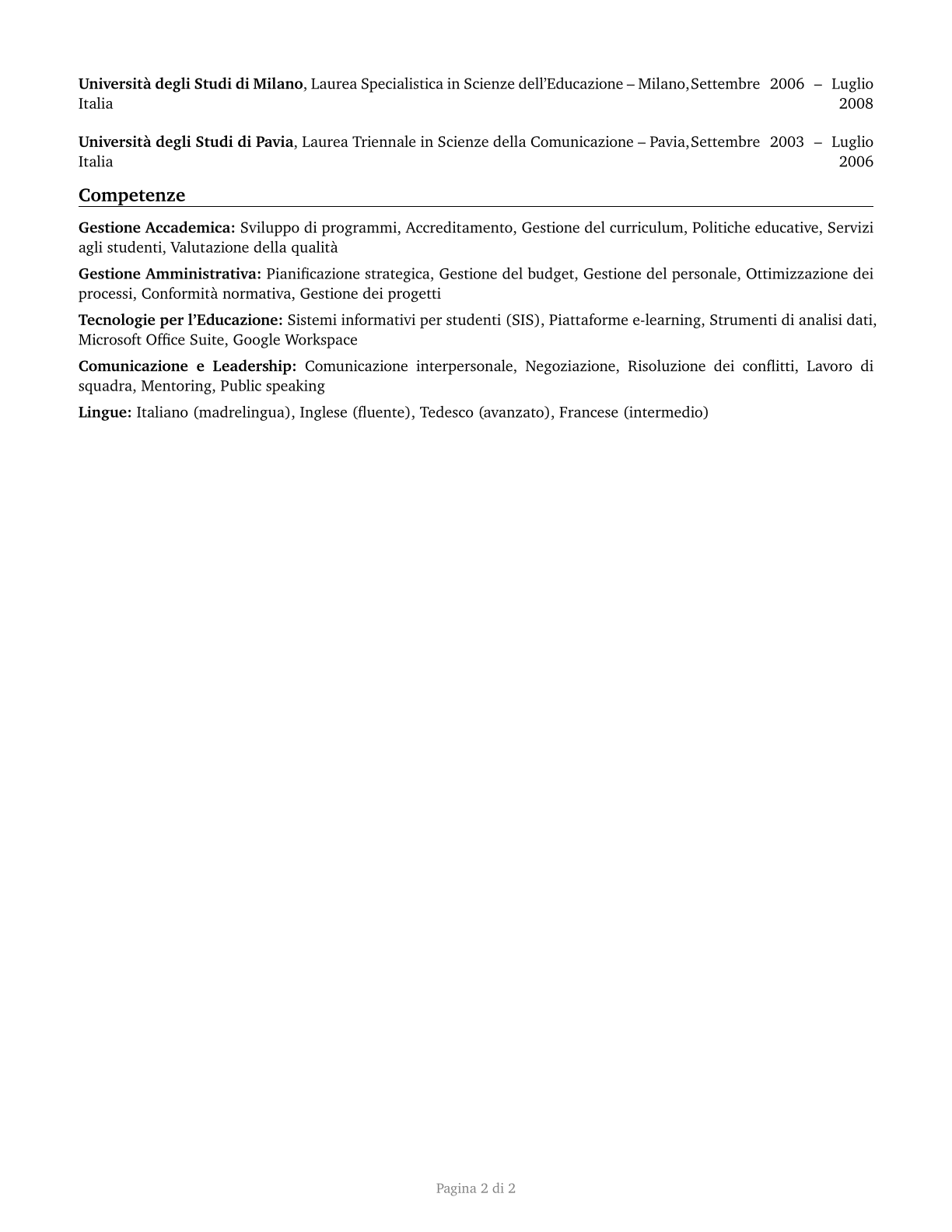 Education Administrators, Postsecondary CV in Italian — page 2