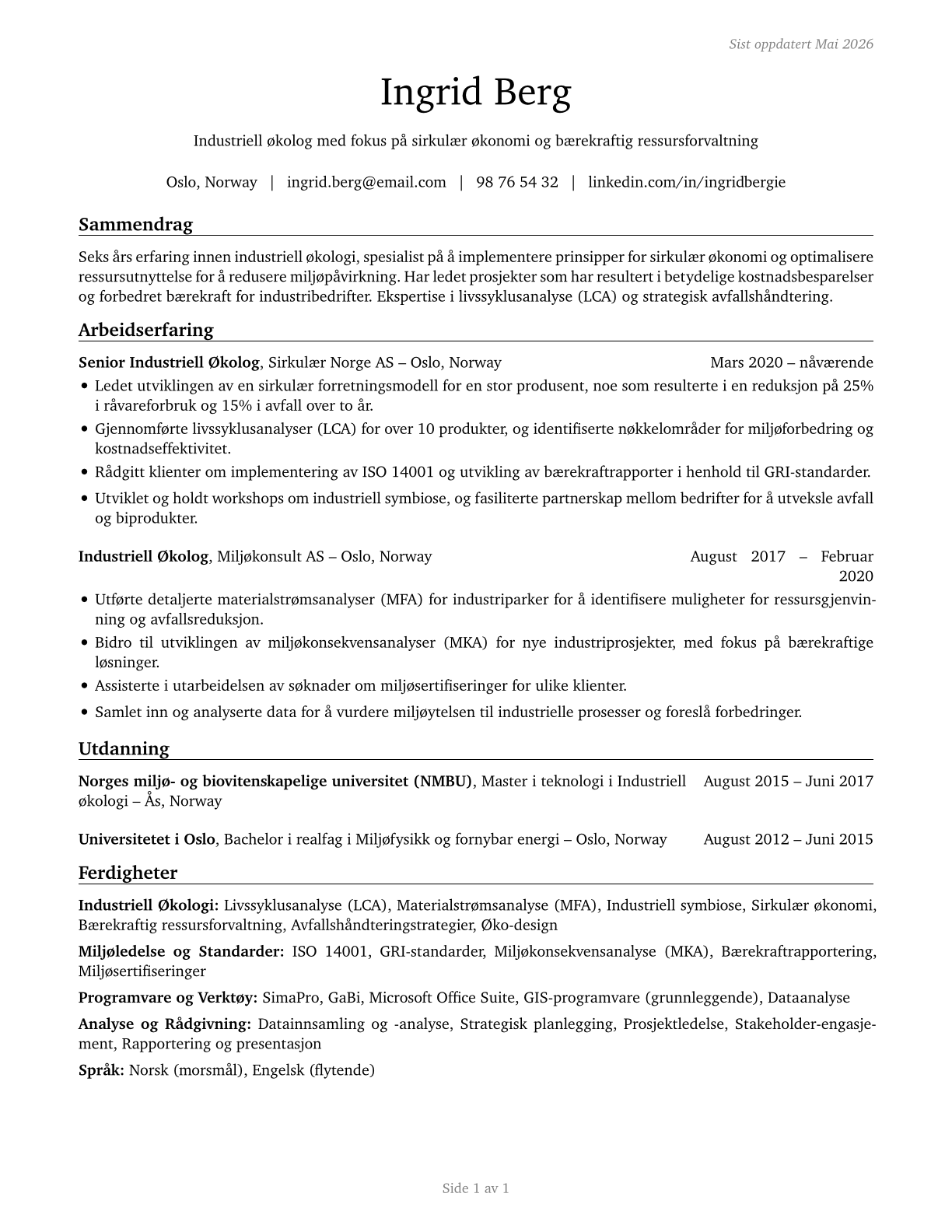 Industrial Ecologists CV in Norwegian_bokmal — page 1