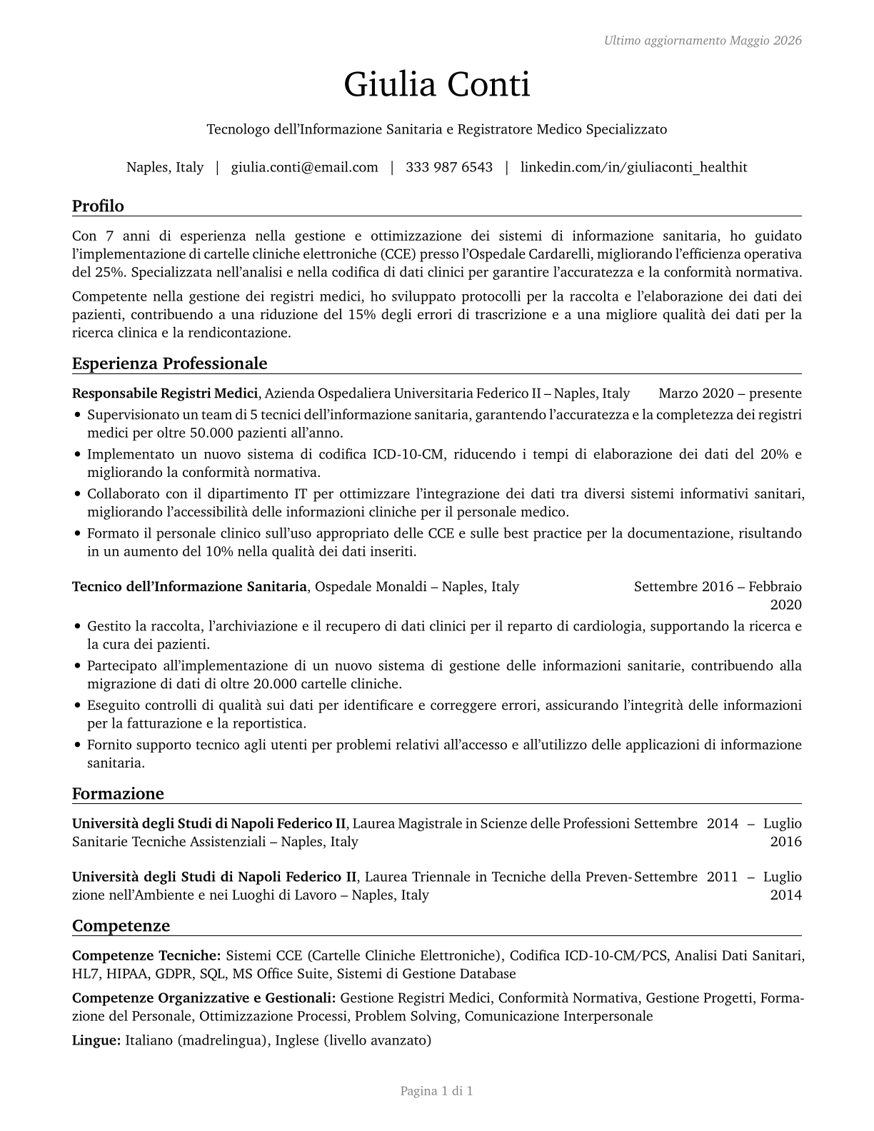 Health Information Technologists and Medical Registrars CV in Italian — page 1